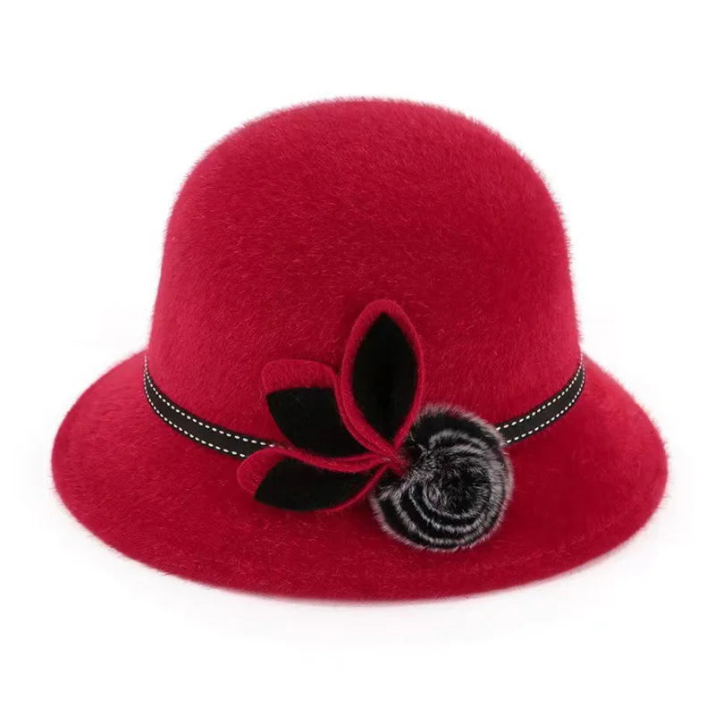 Fedoras Cap Jazz Cap Women Pompom Dome Hat Bowler Dome Wool Hat Vintage Elegant Wool Ladies Church Hat Winter Autumn Warm Cap