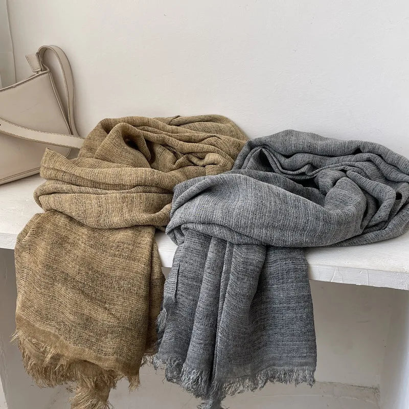 Scarf Women's Autumn Literary and Artistic Fresh and Versatile Contrasting Color Striped Texture Same Cotton Linen Thin Shawl