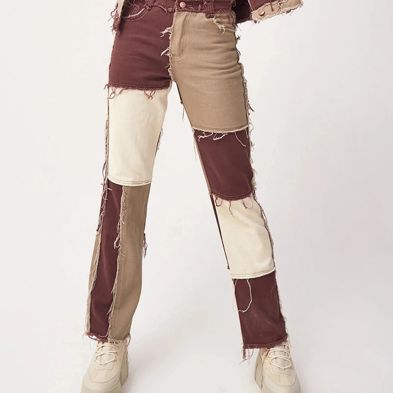 Jeans Women Straight Pants Patchwork Denim Trousers Splice Color Contrast Tassel PantsTrendy Fashion Streerwear Style Cool