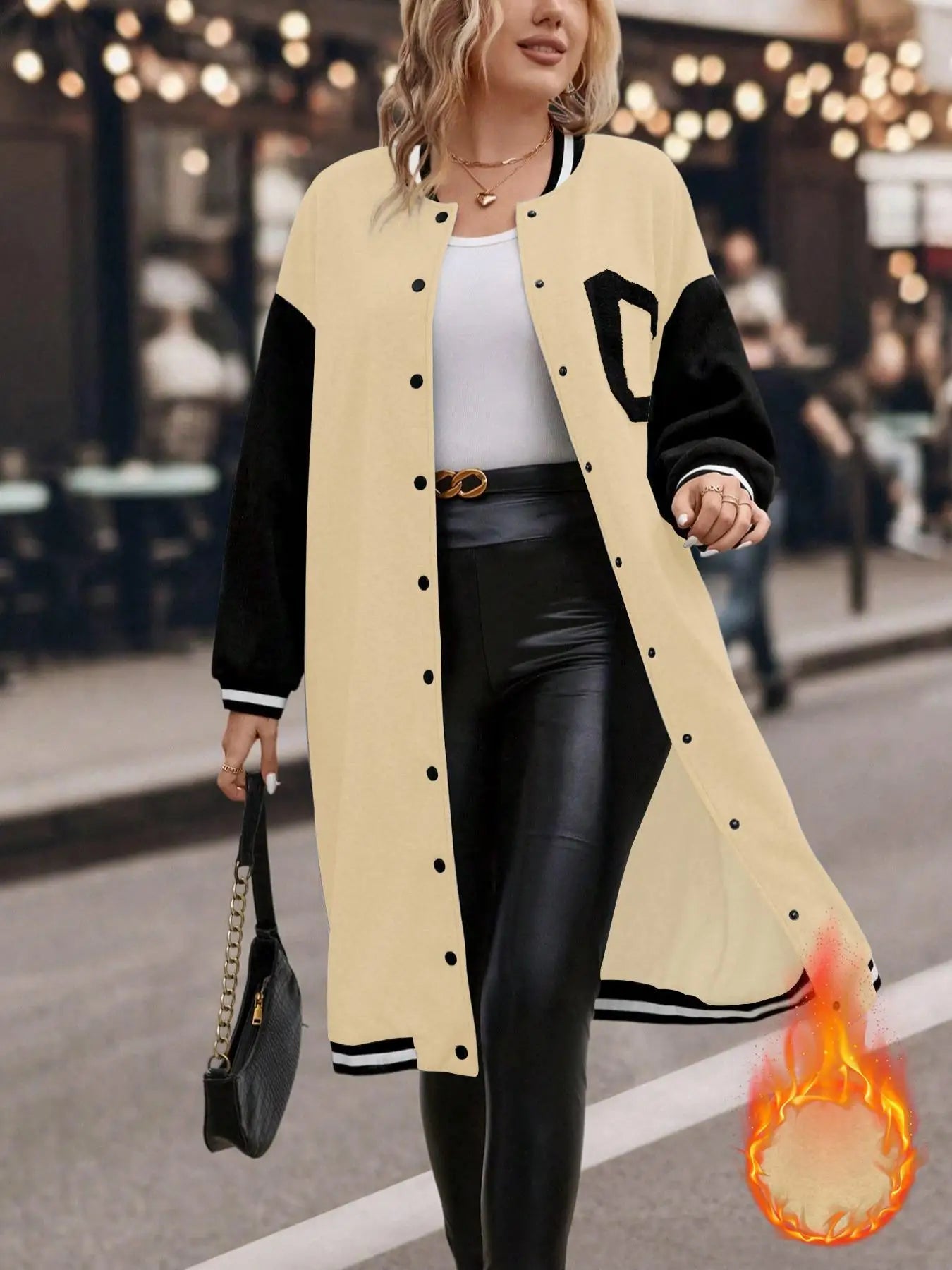 Plus Colorblock Letter Print Button Front Drop Shoulder Midi Varsity Jacket, Casual Contrast Binding Long Sleeve Baseball Collar