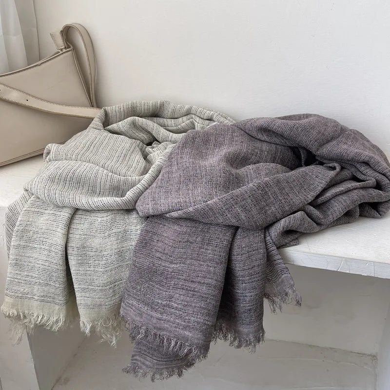 Scarf Women's Autumn Literary and Artistic Fresh and Versatile Contrasting Color Striped Texture Same Cotton Linen Thin Shawl