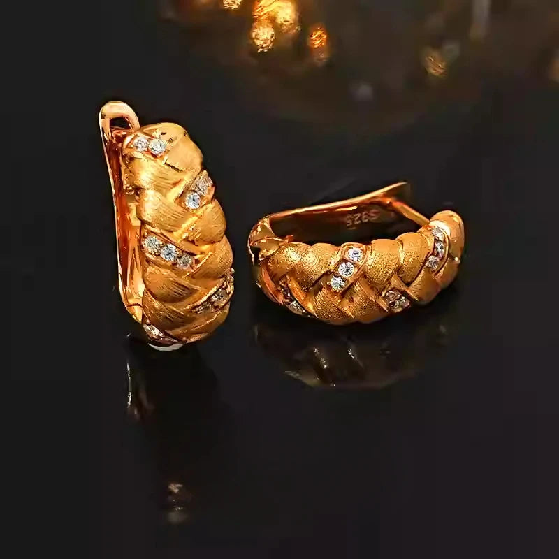 925 silver metal brushed earrings made of vintage wheat ear weaving, niche inlaid with high carbon diamonds, fashionable