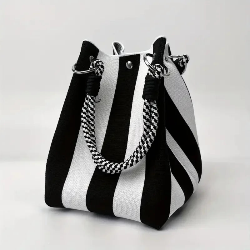 Korean Colorful Stripe Bucket Bag,Knitted Woven Women Tote Bag,Contrast Color Handbag,Versatile Simple Rope Knot Clutch Purse