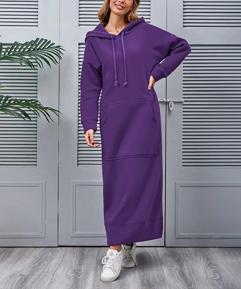 Hoodies Dress for Women Fashion  2024 Hem Lace-up Midi Robe Hooded Long Vestidos Winter Warm Casual Loose Sweatshirt Dress