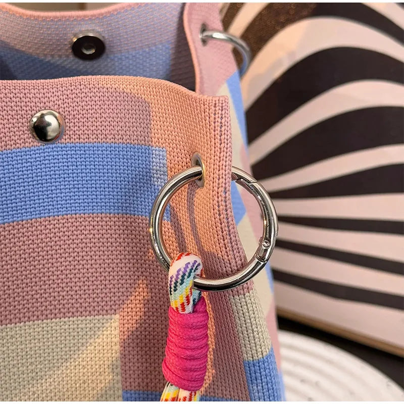Korean Colorful Stripe Bucket Bag,Knitted Woven Women Tote Bag,Contrast Color Handbag,Versatile Simple Rope Knot Clutch Purse