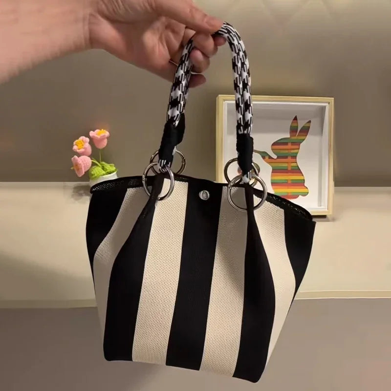 Korean Colorful Stripe Bucket Bag,Knitted Woven Women Tote Bag,Contrast Color Handbag,Versatile Simple Rope Knot Clutch Purse