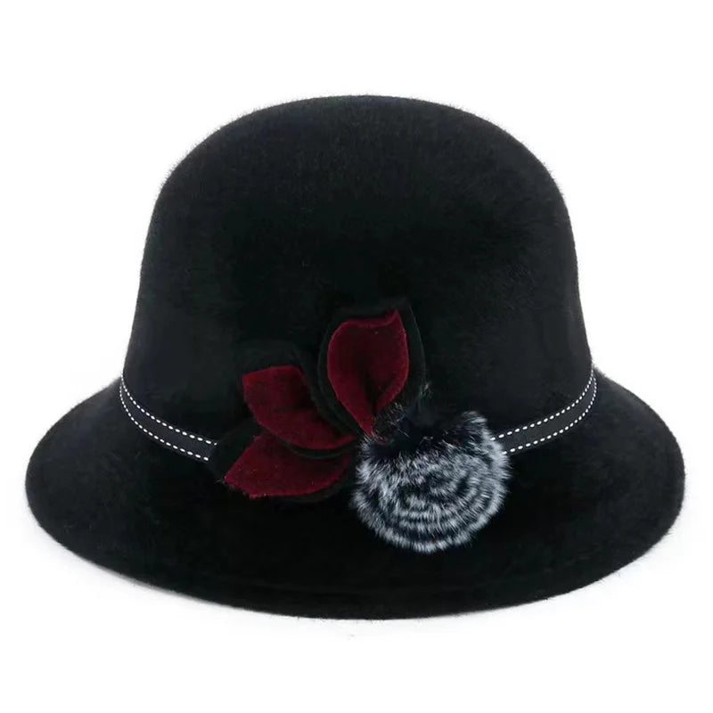 Fedoras Cap Jazz Cap Women Pompom Dome Hat Bowler Dome Wool Hat Vintage Elegant Wool Ladies Church Hat Winter Autumn Warm Cap