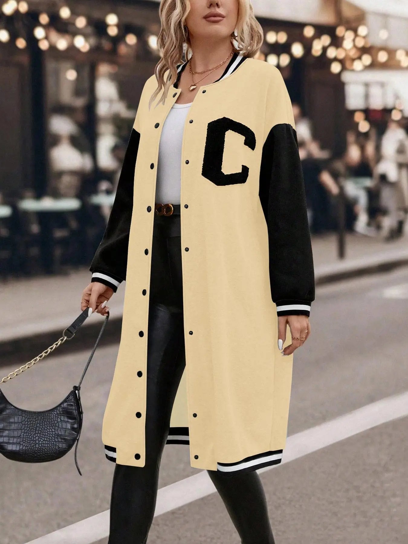 Plus Colorblock Letter Print Button Front Drop Shoulder Midi Varsity Jacket, Casual Contrast Binding Long Sleeve Baseball Collar