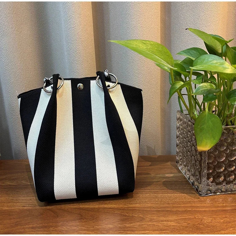 Korean Colorful Stripe Bucket Bag,Knitted Woven Women Tote Bag,Contrast Color Handbag,Versatile Simple Rope Knot Clutch Purse