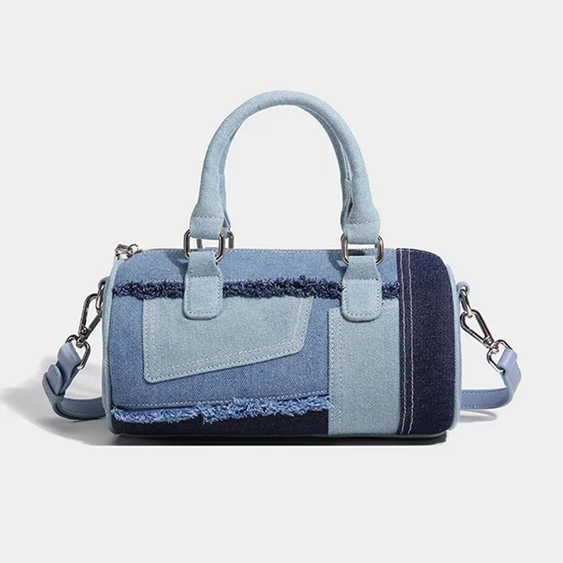 Cylindrical Boston Messenger Bags for Women Luxury Designer Handbag Purses 2024 New in Fashion Denim Splicing Shoulder Crossbody