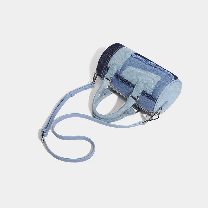 Cylindrical Boston Messenger Bags for Women Luxury Designer Handbag Purses 2024 New in Fashion Denim Splicing Shoulder Crossbody
