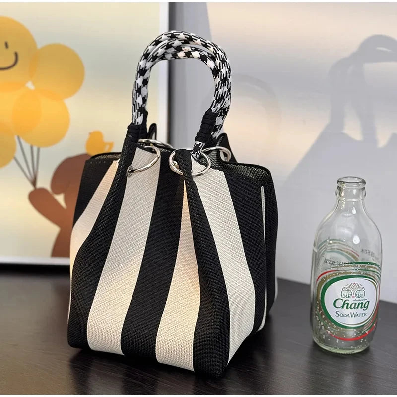Korean Colorful Stripe Bucket Bag,Knitted Woven Women Tote Bag,Contrast Color Handbag,Versatile Simple Rope Knot Clutch Purse