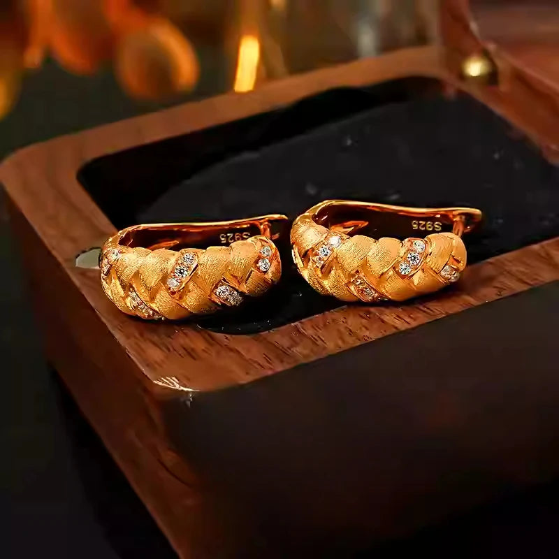 925 silver metal brushed earrings made of vintage wheat ear weaving, niche inlaid with high carbon diamonds, fashionable