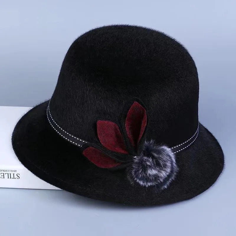 Fedoras Cap Jazz Cap Women Pompom Dome Hat Bowler Dome Wool Hat Vintage Elegant Wool Ladies Church Hat Winter Autumn Warm Cap