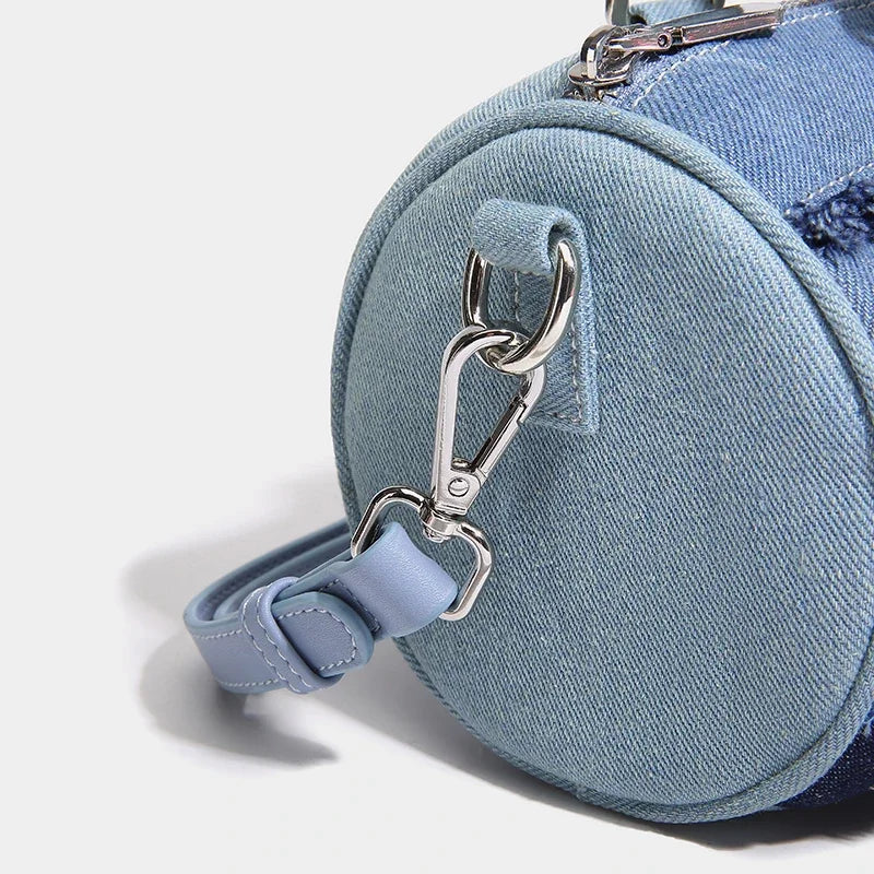 Cylindrical Boston Messenger Bags for Women Luxury Designer Handbag Purses 2024 New in Fashion Denim Splicing Shoulder Crossbody