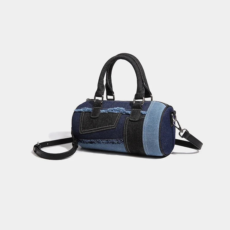 Cylindrical Boston Messenger Bags for Women Luxury Designer Handbag Purses 2024 New in Fashion Denim Splicing Shoulder Crossbody
