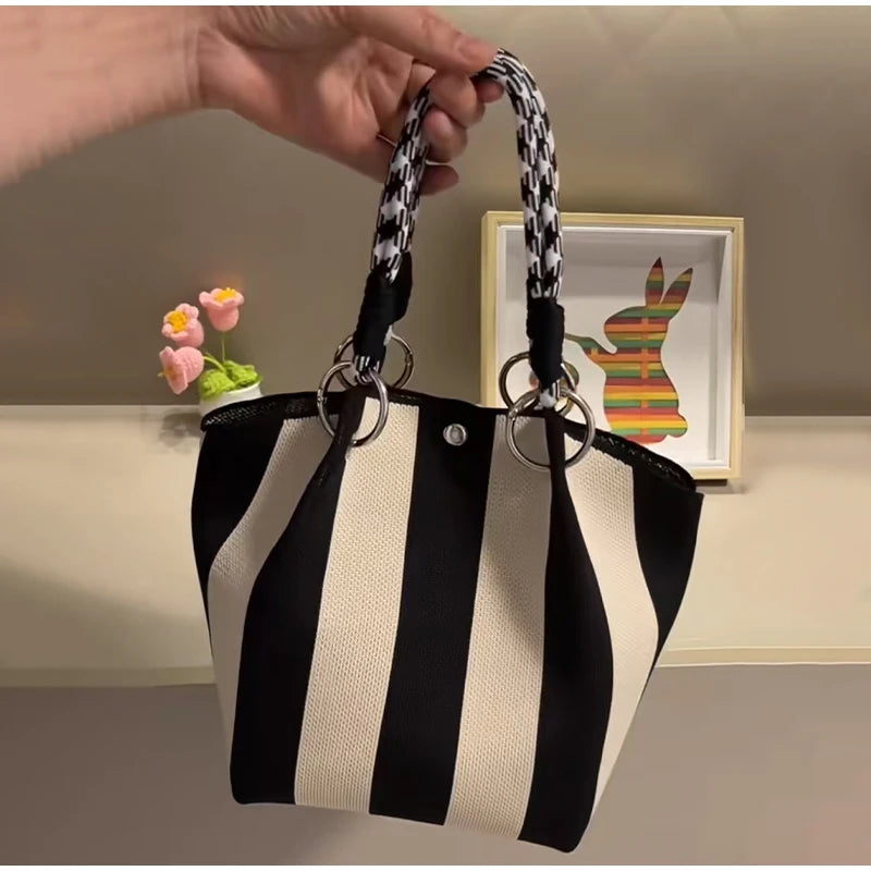 Korean Colorful Stripe Bucket Bag,Knitted Woven Women Tote Bag,Contrast Color Handbag,Versatile Simple Rope Knot Clutch Purse