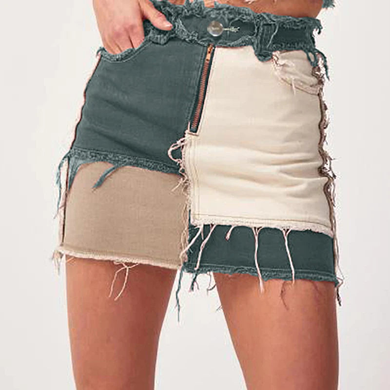 Jeans Women Straight Pants Patchwork Denim Trousers Splice Color Contrast Tassel PantsTrendy Fashion Streerwear Style Cool