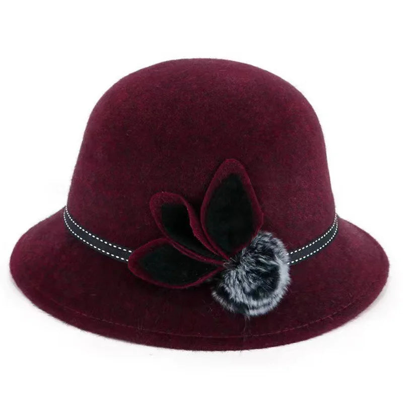Fedoras Cap Jazz Cap Women Pompom Dome Hat Bowler Dome Wool Hat Vintage Elegant Wool Ladies Church Hat Winter Autumn Warm Cap