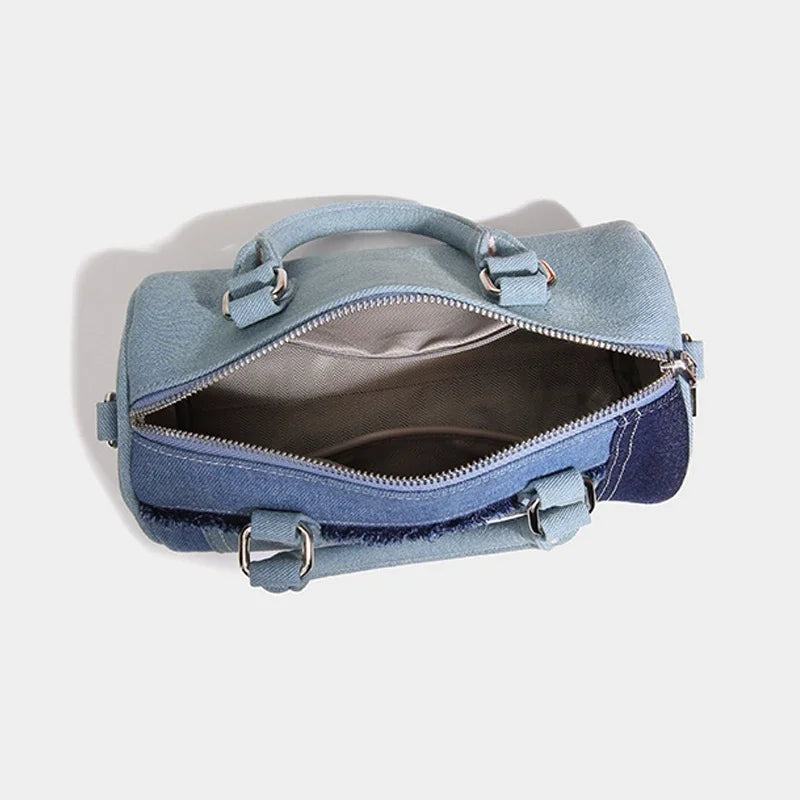 Cylindrical Boston Messenger Bags for Women Luxury Designer Handbag Purses 2024 New in Fashion Denim Splicing Shoulder Crossbody