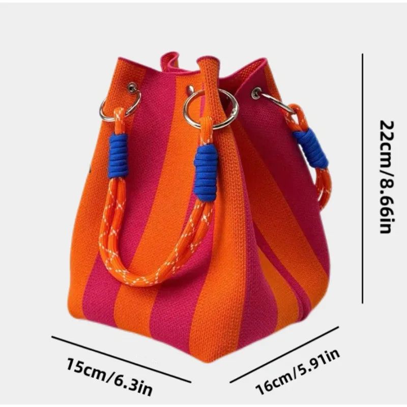 Korean Colorful Stripe Bucket Bag,Knitted Woven Women Tote Bag,Contrast Color Handbag,Versatile Simple Rope Knot Clutch Purse