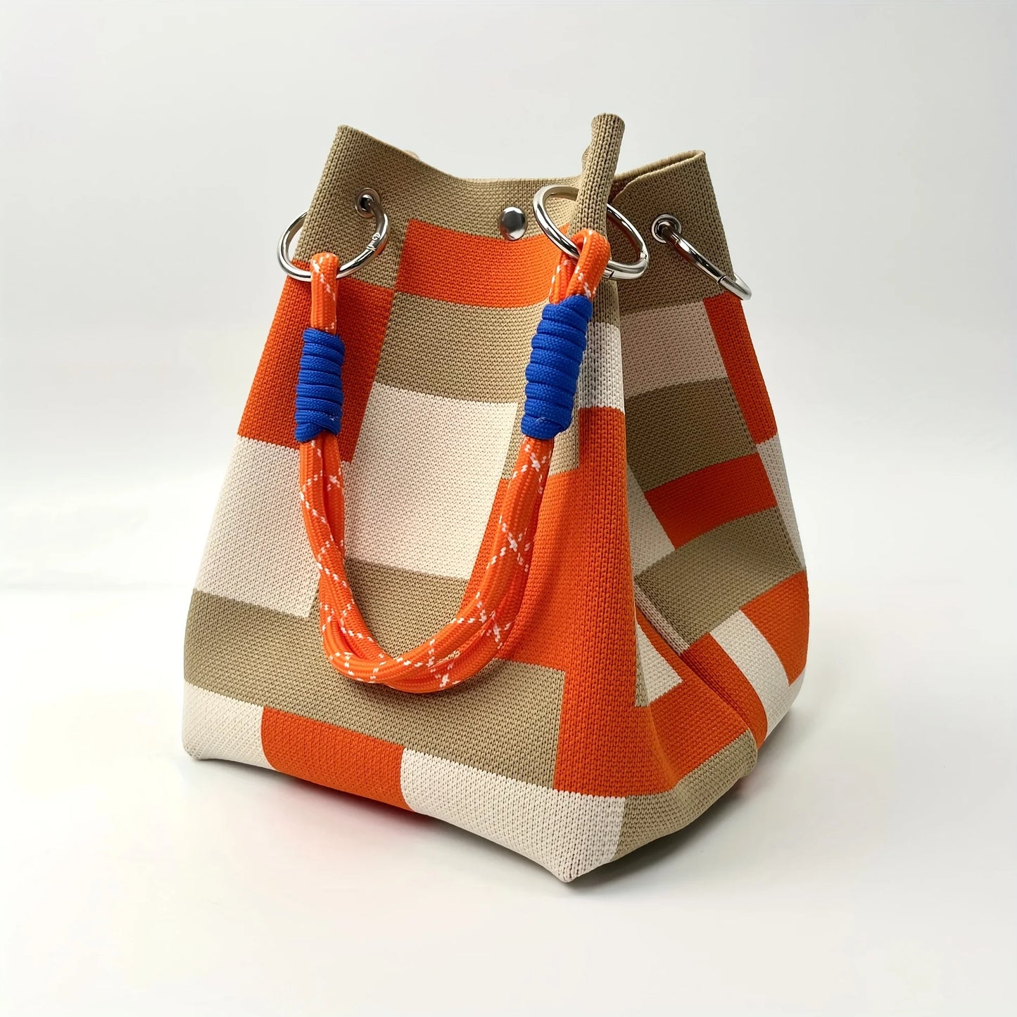Korean Colorful Stripe Bucket Bag,Knitted Woven Women Tote Bag,Contrast Color Handbag,Versatile Simple Rope Knot Clutch Purse