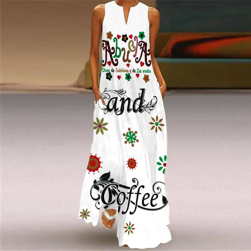 V-Neck Sleeveless Pocket Dress with Digital Print