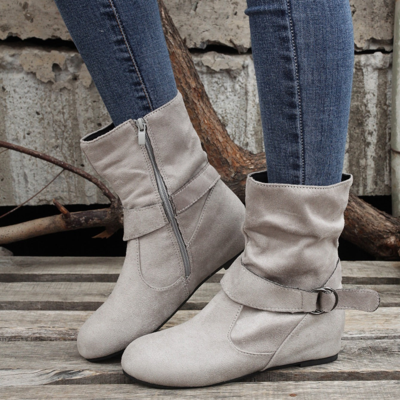 Womens Classic Solid Color Ankle Boots with Round-Toe Design - Fashion Buckle Belt & Side Zipper Closure - Ultra-Comfortable Outdoor Shoes for Stylish Adventures
