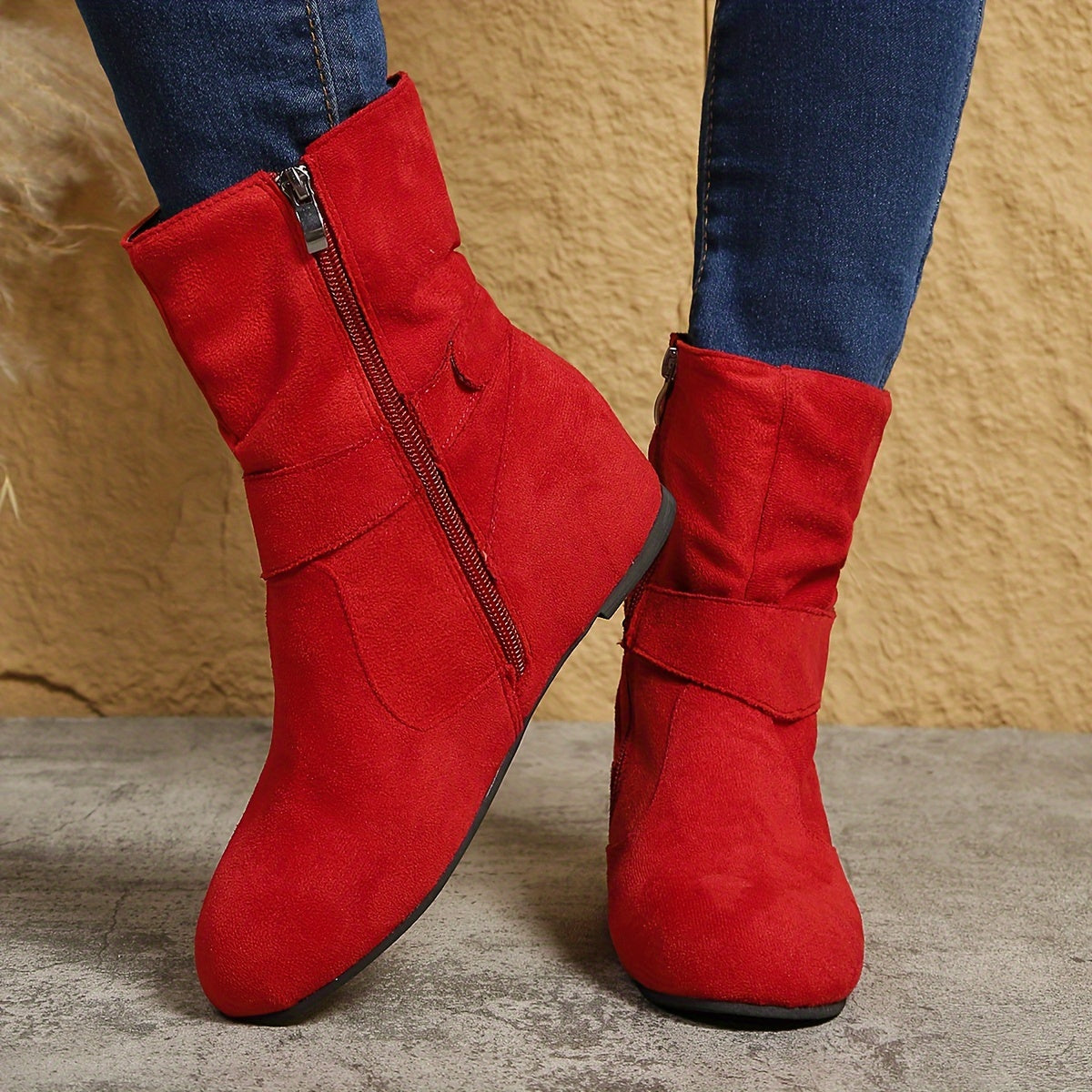 Womens Classic Solid Color Ankle Boots with Round-Toe Design - Fashion Buckle Belt & Side Zipper Closure - Ultra-Comfortable Outdoor Shoes for Stylish Adventures