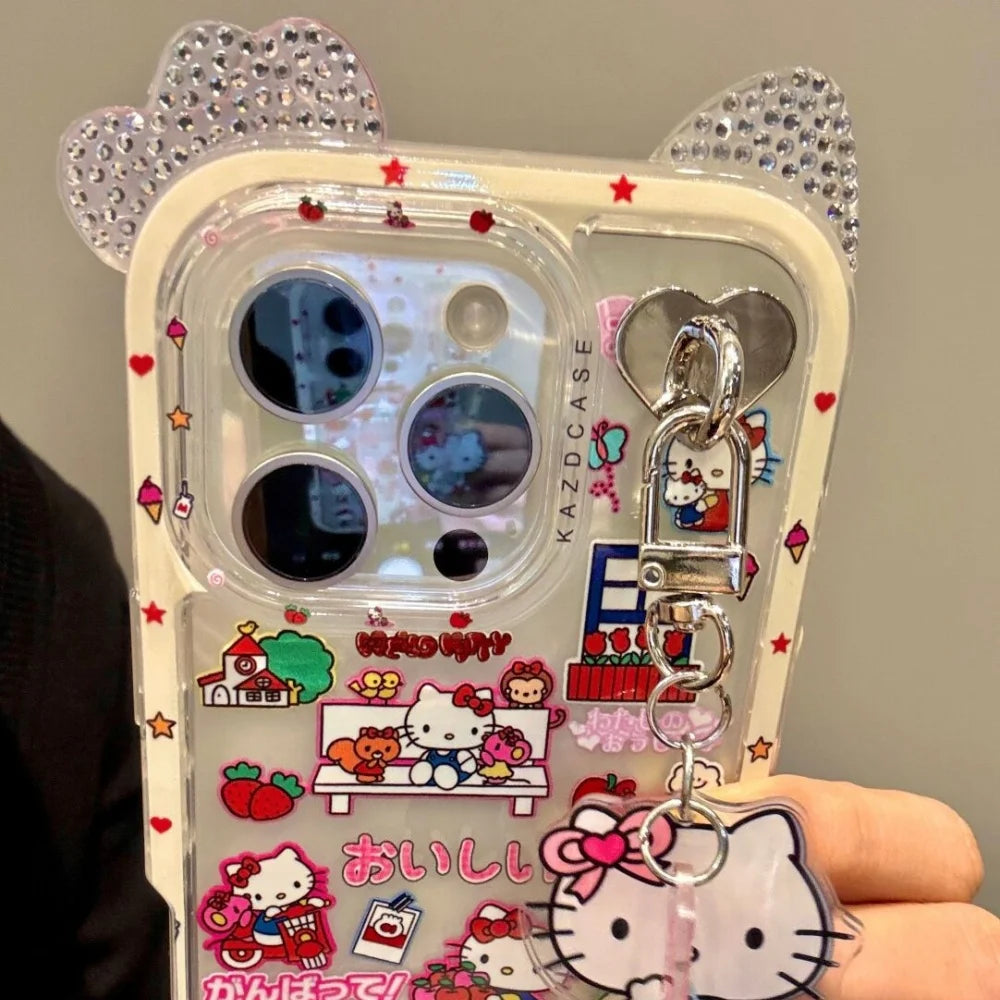Illustration Hello Kitty Daily Life KT Phone Case For iPhone 13 14 15 16 Pro Max Cartoon Y2k Pink Style Cute Case With Pendant