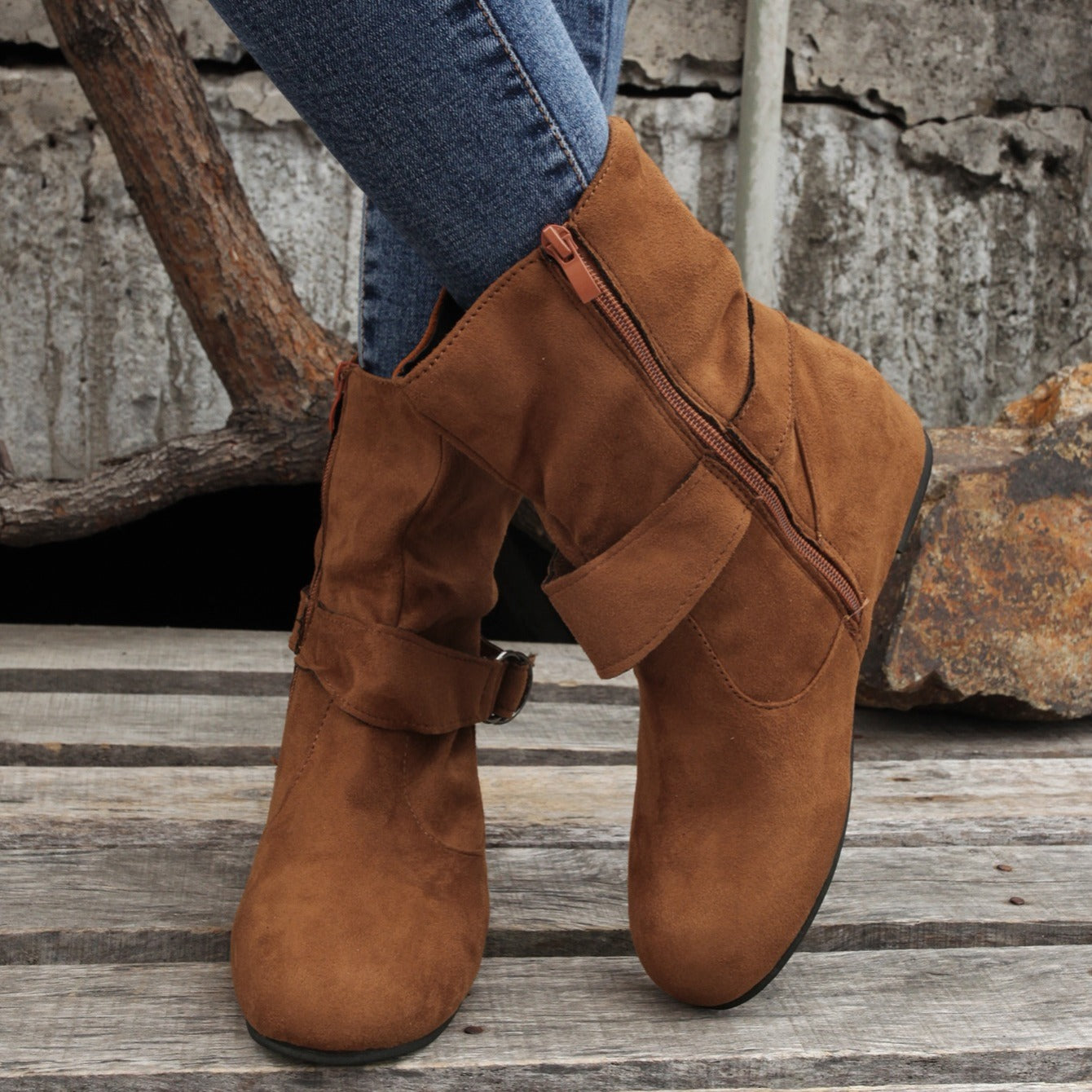 Womens Classic Solid Color Ankle Boots with Round-Toe Design - Fashion Buckle Belt & Side Zipper Closure - Ultra-Comfortable Outdoor Shoes for Stylish Adventures