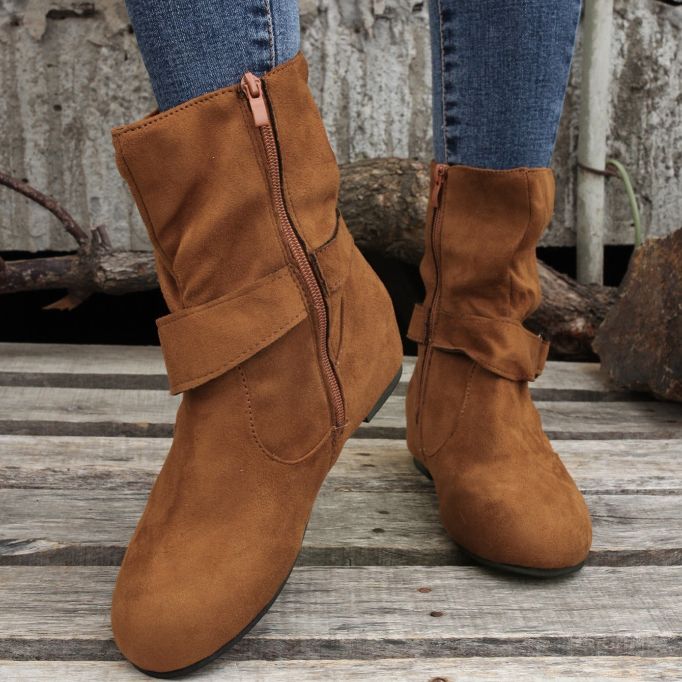 Womens Classic Solid Color Ankle Boots with Round-Toe Design - Fashion Buckle Belt & Side Zipper Closure - Ultra-Comfortable Outdoor Shoes for Stylish Adventures