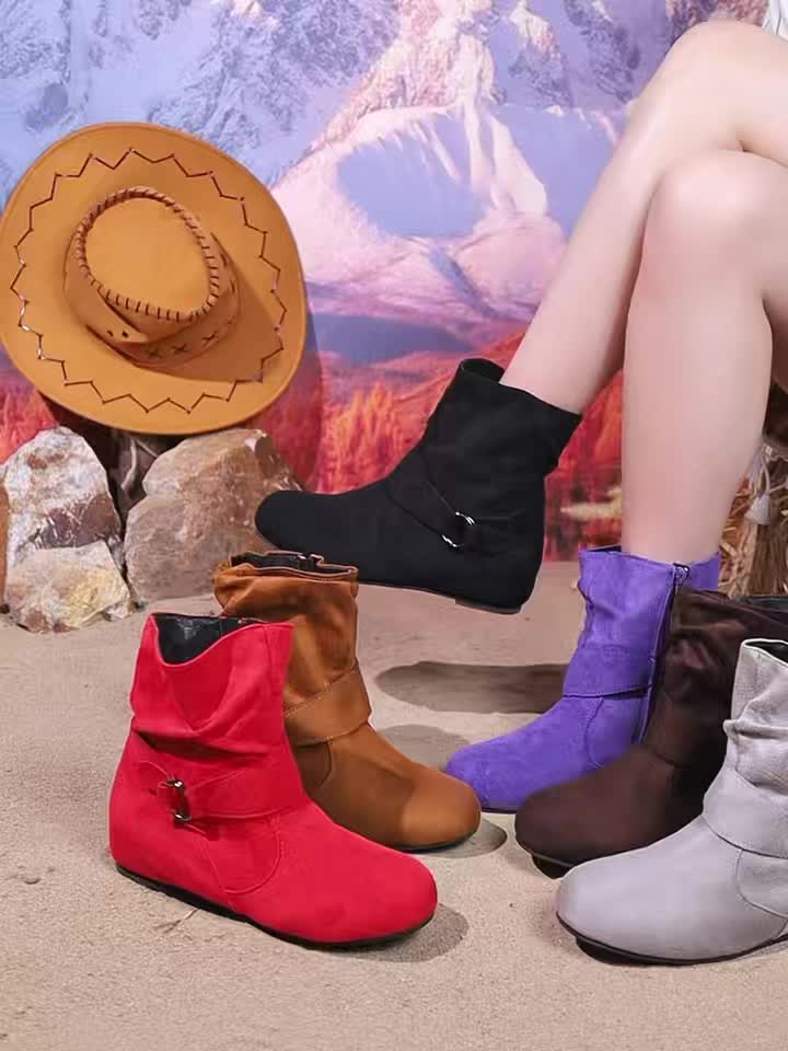 Womens Classic Solid Color Ankle Boots with Round-Toe Design - Fashion Buckle Belt & Side Zipper Closure - Ultra-Comfortable Outdoor Shoes for Stylish Adventures