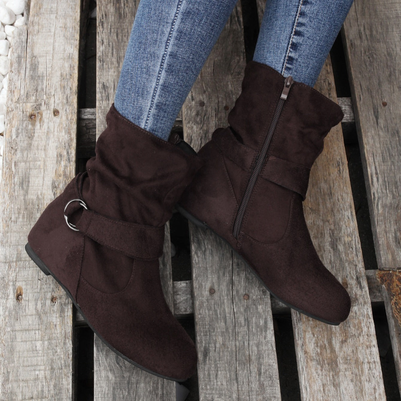Womens Classic Solid Color Ankle Boots with Round-Toe Design - Fashion Buckle Belt & Side Zipper Closure - Ultra-Comfortable Outdoor Shoes for Stylish Adventures
