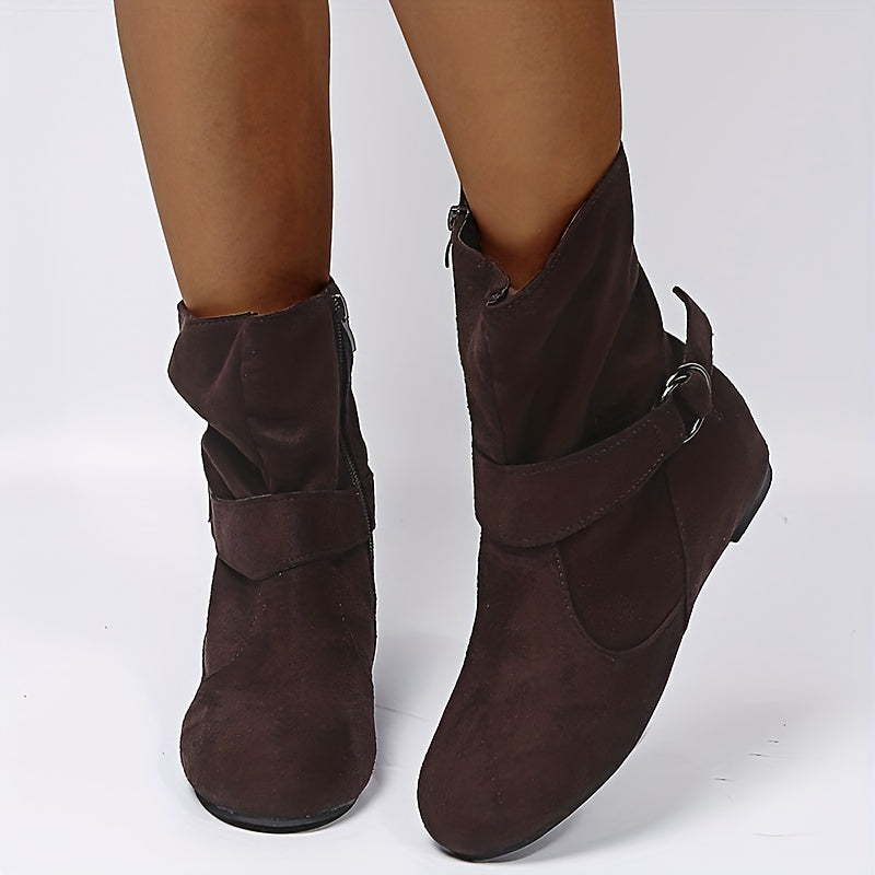 Womens Classic Solid Color Ankle Boots with Round-Toe Design - Fashion Buckle Belt & Side Zipper Closure - Ultra-Comfortable Outdoor Shoes for Stylish Adventures