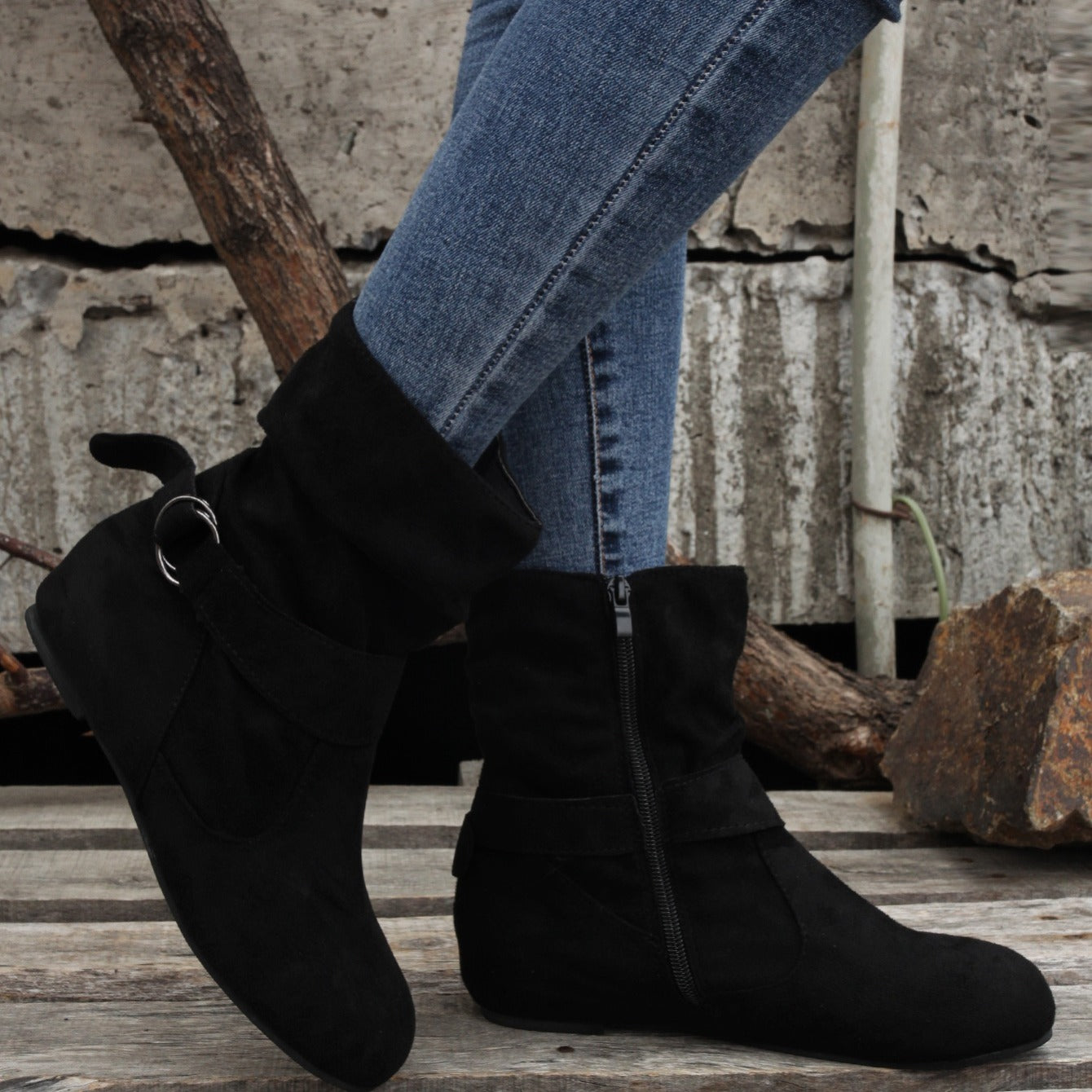 Womens Classic Solid Color Ankle Boots with Round-Toe Design - Fashion Buckle Belt & Side Zipper Closure - Ultra-Comfortable Outdoor Shoes for Stylish Adventures