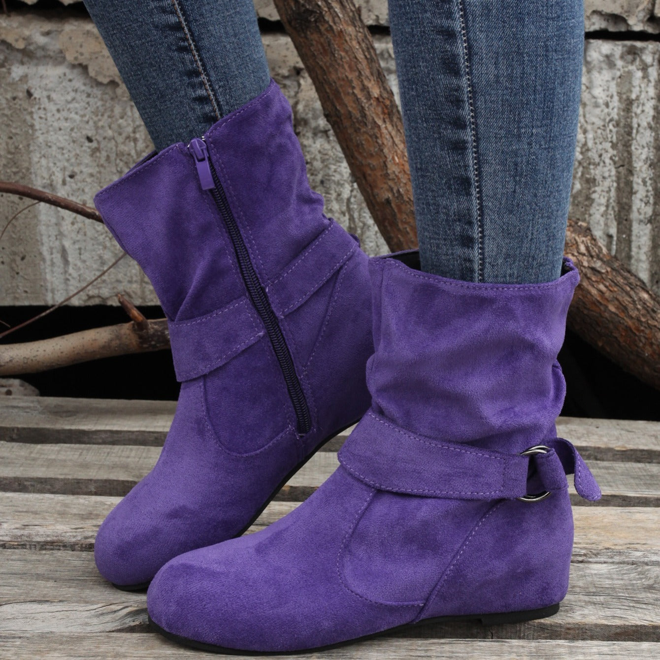 Womens Classic Solid Color Ankle Boots with Round-Toe Design - Fashion Buckle Belt & Side Zipper Closure - Ultra-Comfortable Outdoor Shoes for Stylish Adventures