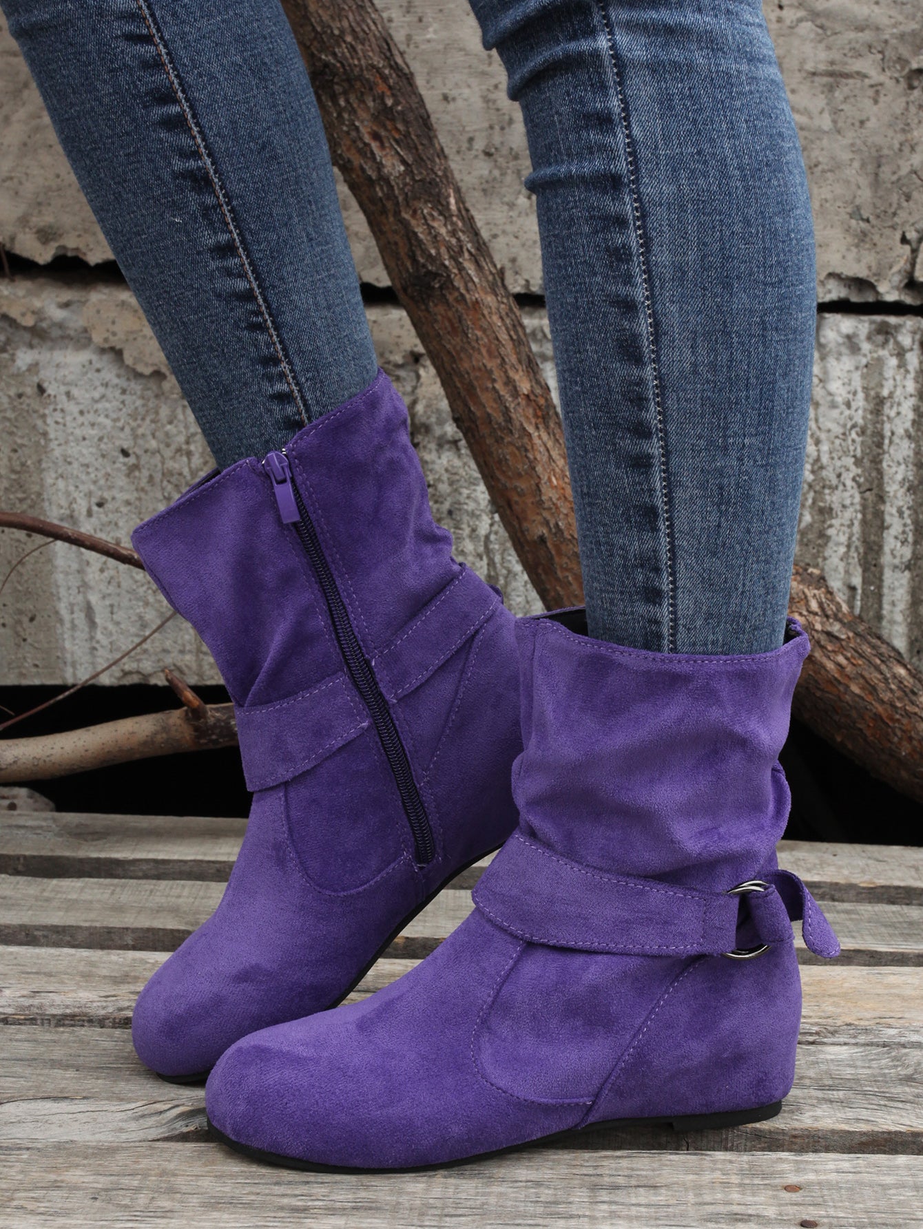 Womens Classic Solid Color Ankle Boots with Round-Toe Design - Fashion Buckle Belt & Side Zipper Closure - Ultra-Comfortable Outdoor Shoes for Stylish Adventures