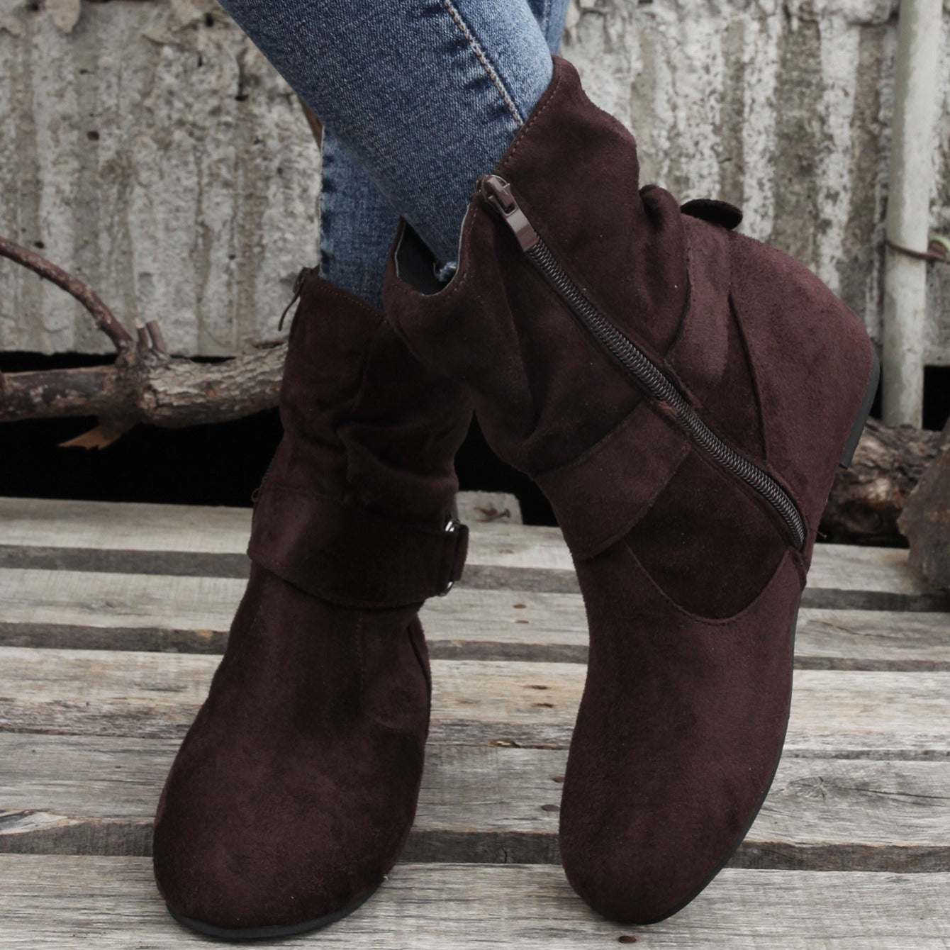 Womens Classic Solid Color Ankle Boots with Round-Toe Design - Fashion Buckle Belt & Side Zipper Closure - Ultra-Comfortable Outdoor Shoes for Stylish Adventures