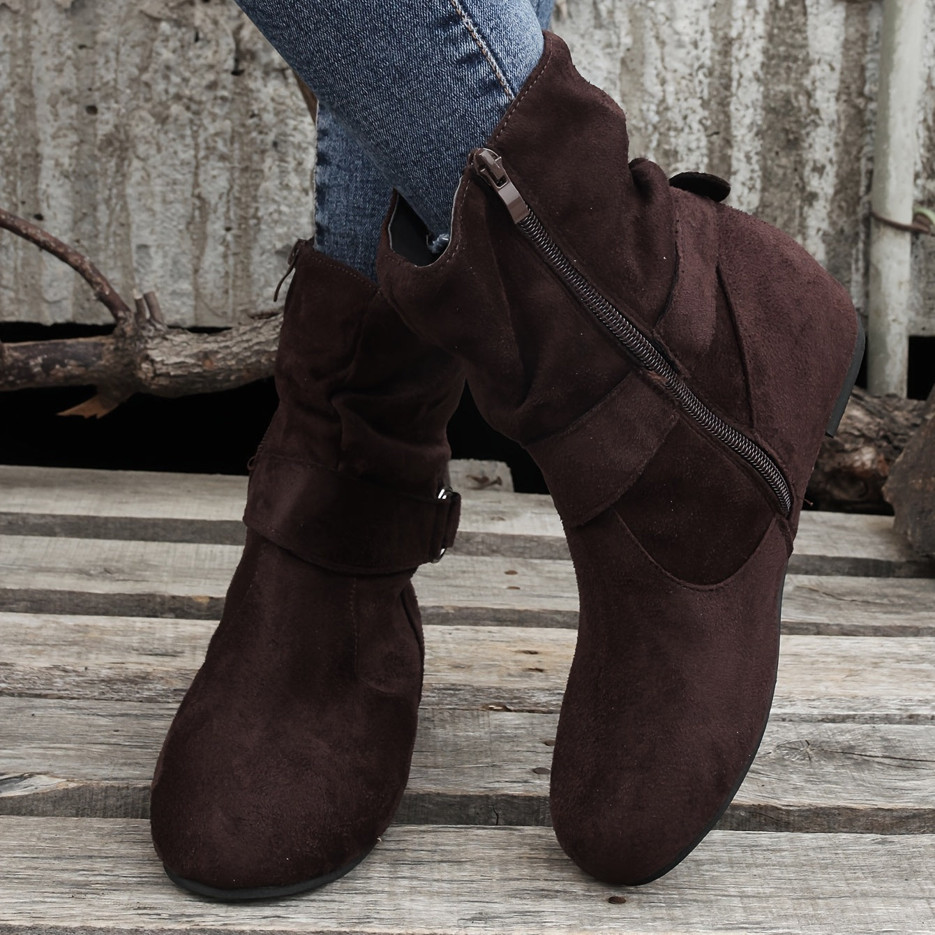 Womens Classic Solid Color Ankle Boots with Round-Toe Design - Fashion Buckle Belt & Side Zipper Closure - Ultra-Comfortable Outdoor Shoes for Stylish Adventures
