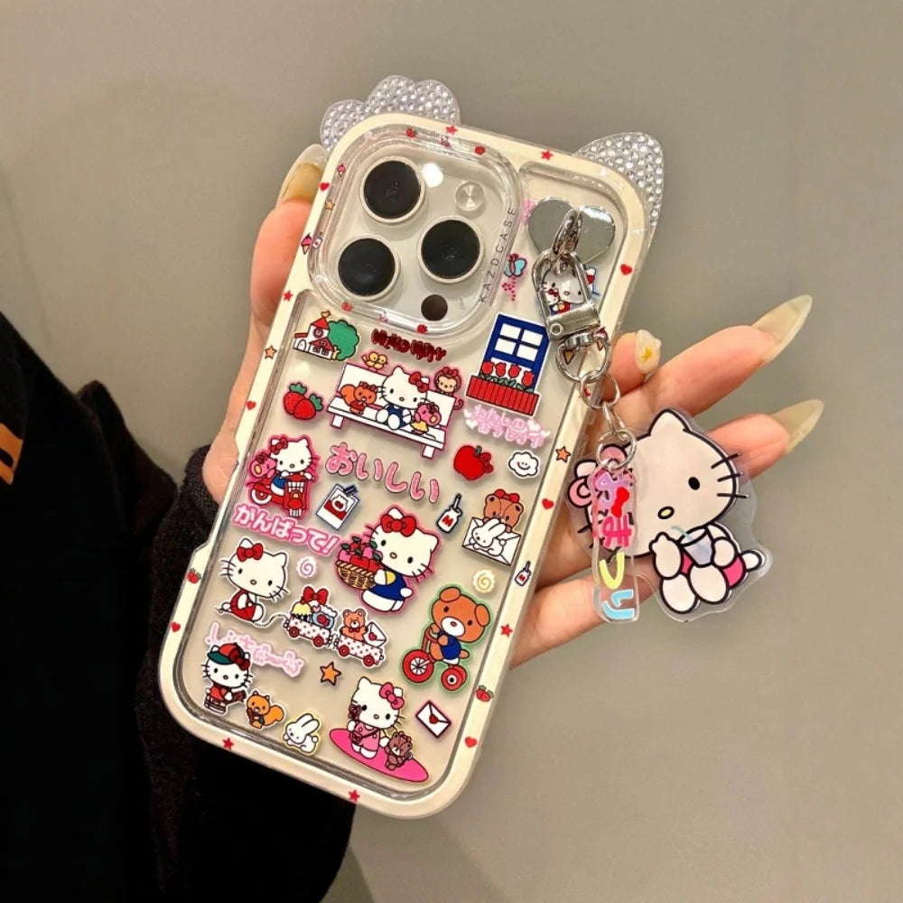 Illustration Hello Kitty Daily Life KT Phone Case For iPhone 13 14 15 16 Pro Max Cartoon Y2k Pink Style Cute Case With Pendant