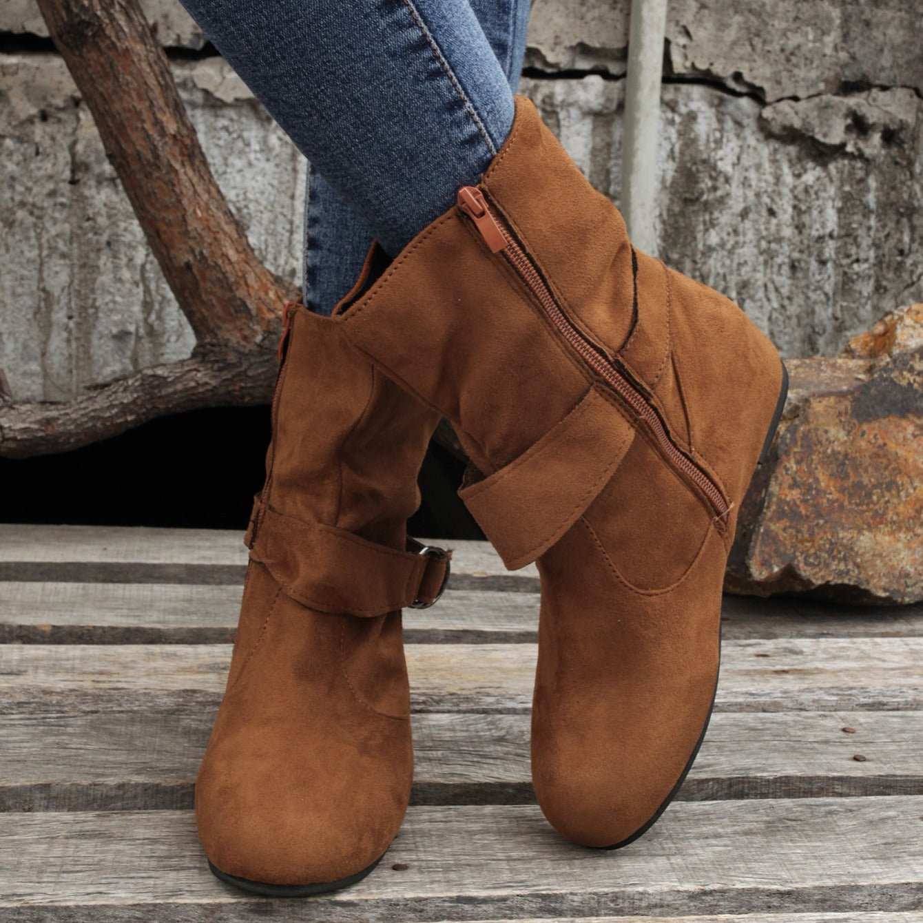 Womens Classic Solid Color Ankle Boots with Round-Toe Design - Fashion Buckle Belt & Side Zipper Closure - Ultra-Comfortable Outdoor Shoes for Stylish Adventures