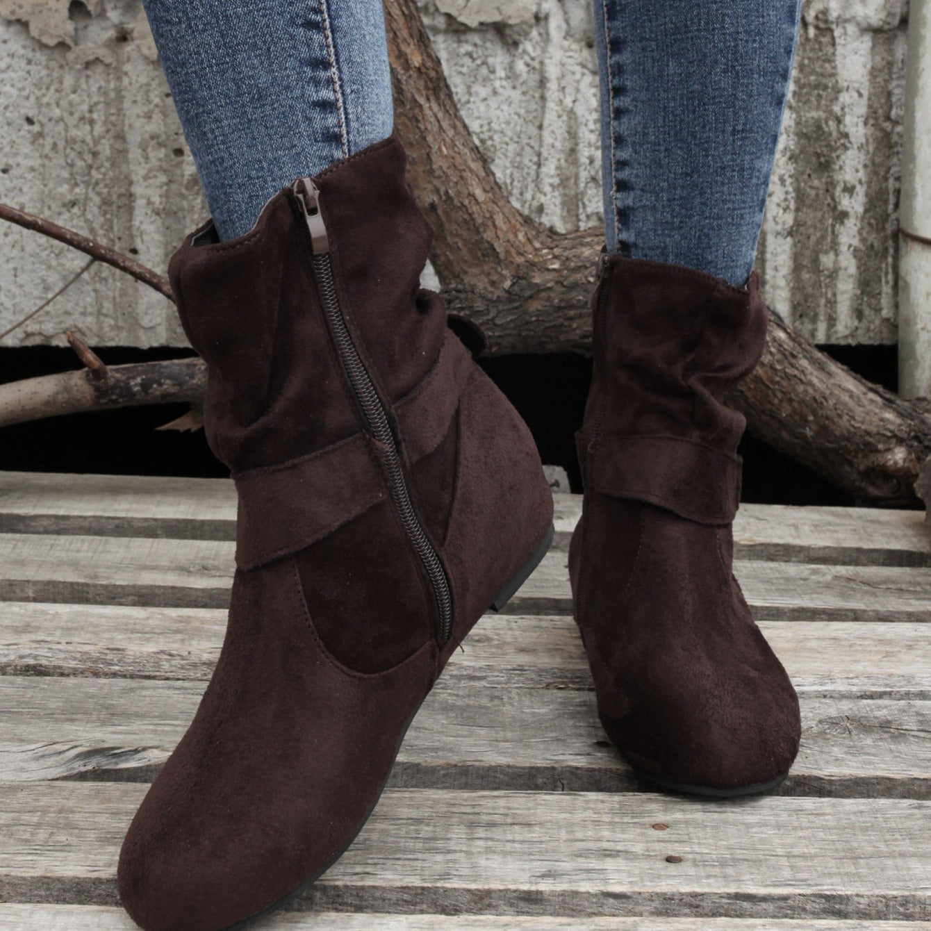 Womens Classic Solid Color Ankle Boots with Round-Toe Design - Fashion Buckle Belt & Side Zipper Closure - Ultra-Comfortable Outdoor Shoes for Stylish Adventures