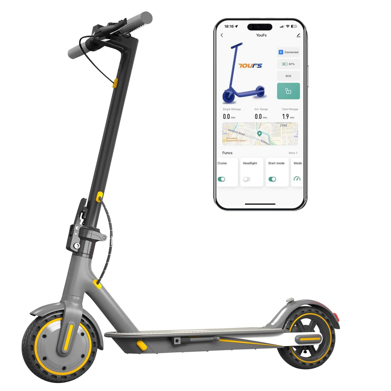 Electric Scooter for Adults Up to 19 Mph 19 Miles Range & 264 lbs Load Aluminum Alloy E-Scooter with 350W Motor Foldable Escooter with Dual Braking System and App Control (Yellow)
