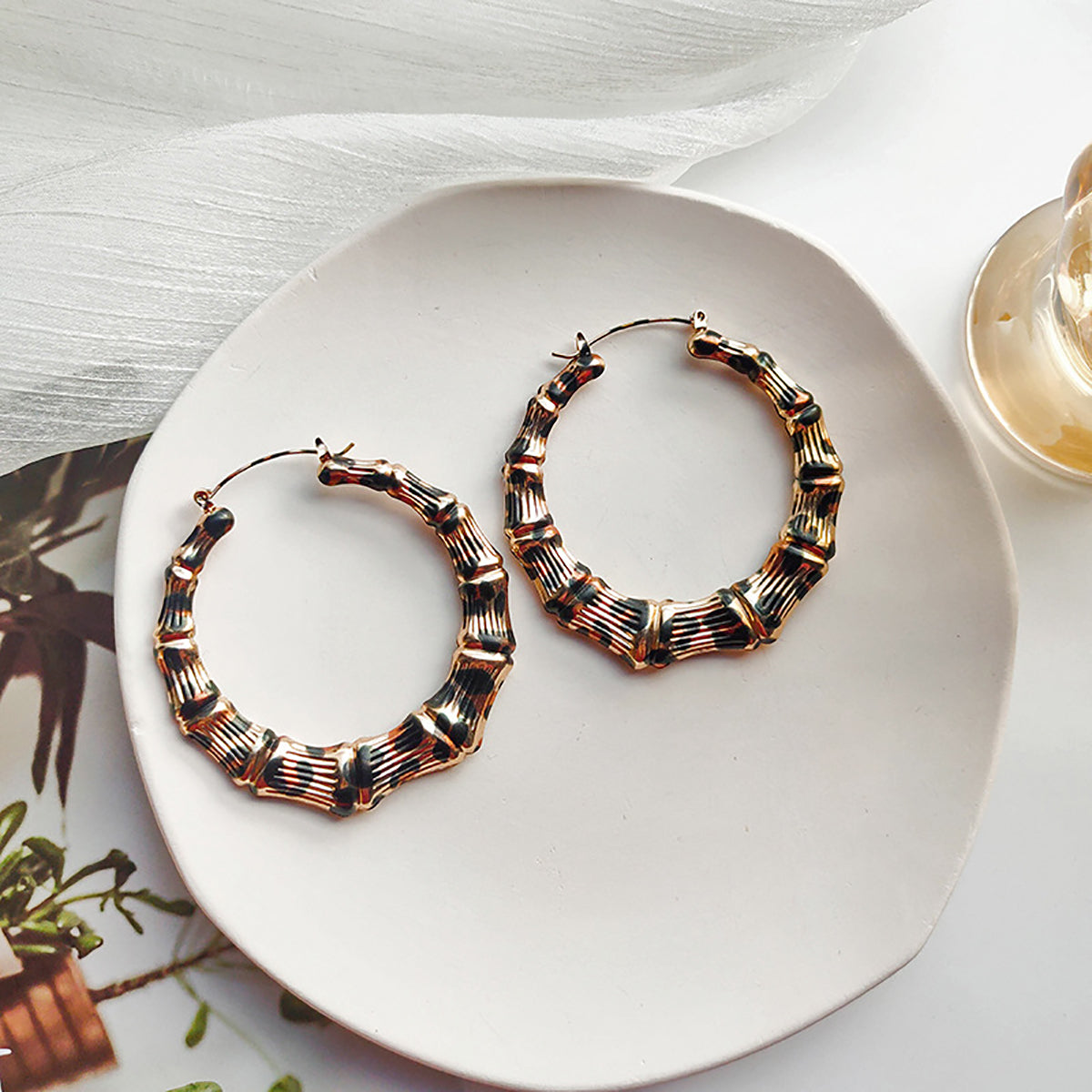 AENSOA 2022 New Punk Leopard Gold Color Round Bamboo Hoop Earrings for Women Bohemia Metal Ring Circle Earrings Popular Jewelry