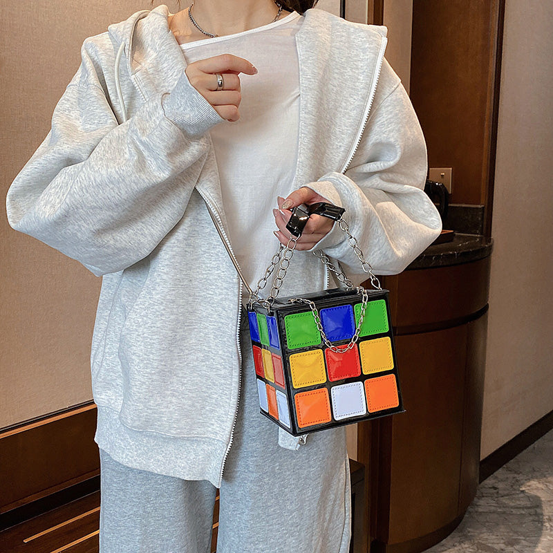 Small Handbags For Women Rubik's Cube Design Women Purse Square Handbag Mini With Metal Chain Leather Crossbody Bag