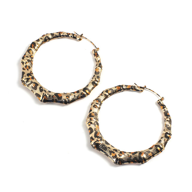 AENSOA 2022 New Punk Leopard Gold Color Round Bamboo Hoop Earrings for Women Bohemia Metal Ring Circle Earrings Popular Jewelry