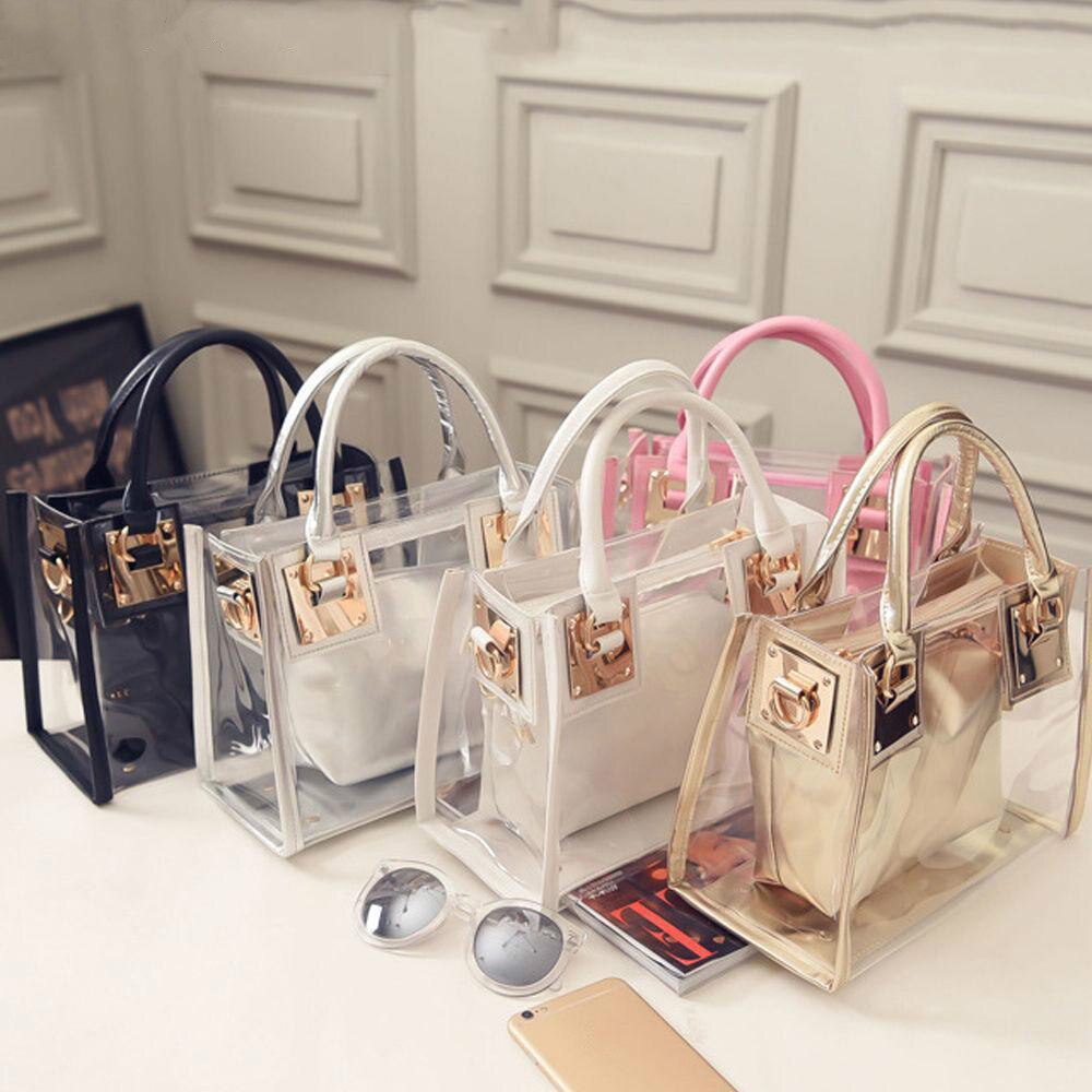 2pcs Women Fashion Shoulder Bag Clear Jelly Transparent Handbag