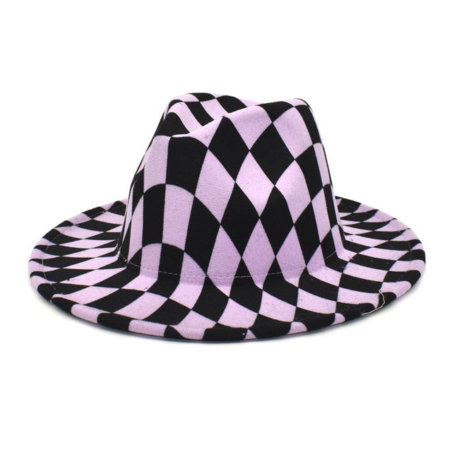 Spring Wool Felt Fedora Hat Unisex Wide Brim Plaid Striped Hats Adult Fashion Trilby Hats Popular Headwear Blend Jazz Man's Cap