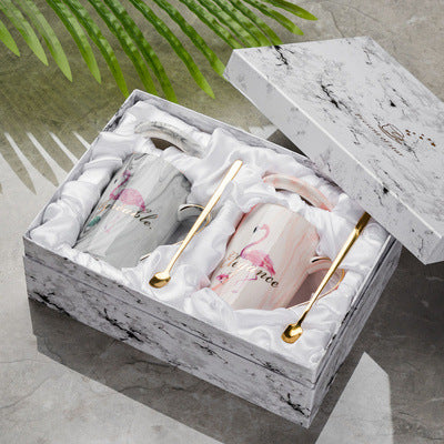 Marble stone gift box Nordic Ins Flamingo Mug Cup Couple Ceramic Cup Wedding Custom LOGO